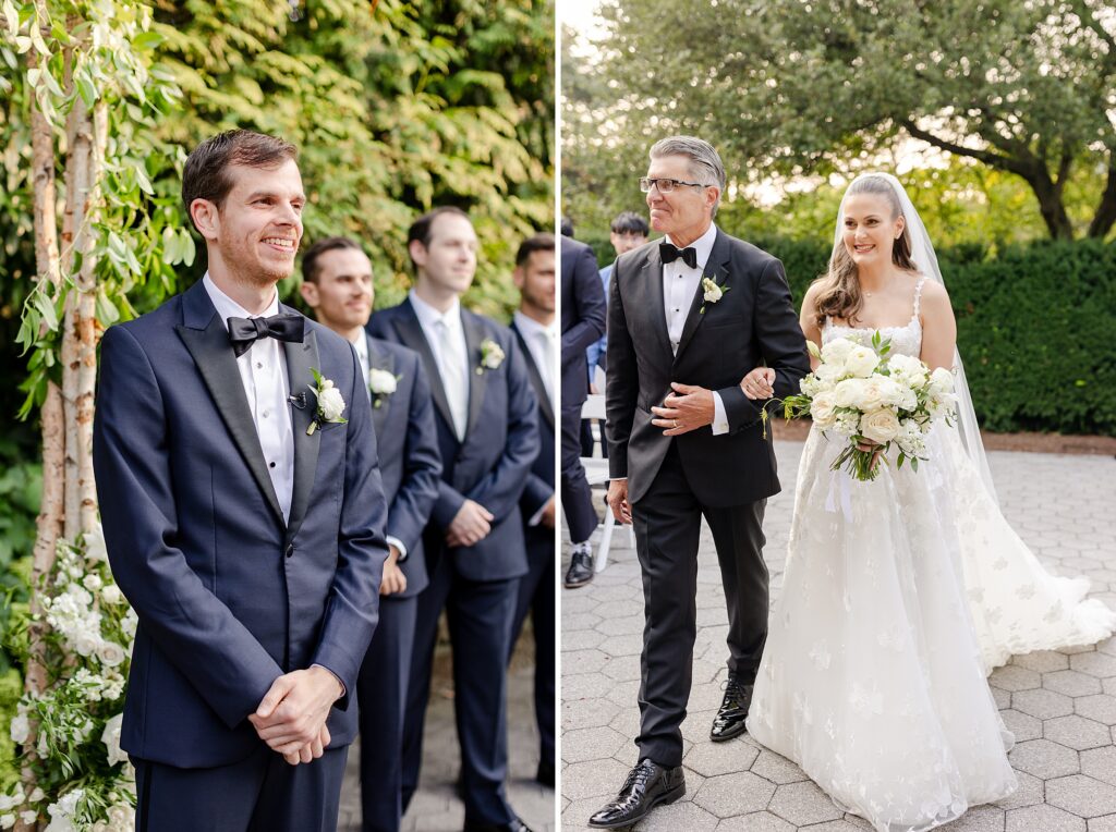 bride walking down aisle, groom watching bride walk down aisle, New York Botanical Garden wedding