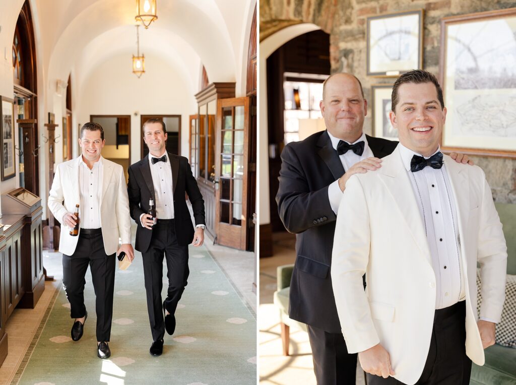 groom getting ready in Winged Foot Golf Club men's locker room with groomsmen and father