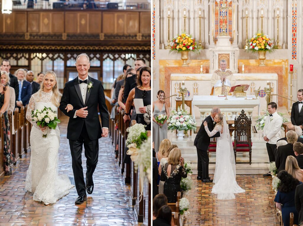 Bride and father walking down the aisle in the church in Westchester< NY