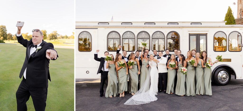 bridal party in front of trolley with bride and groom, father of the groom playing music for the bridal party