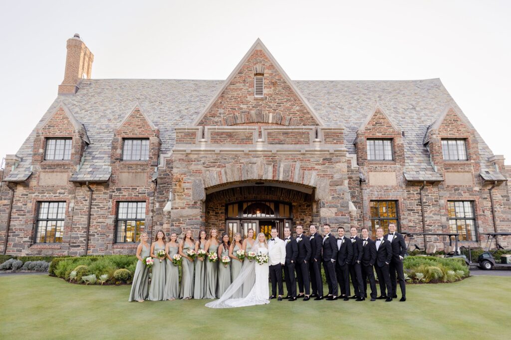 bridal party in from of the historic Winged Foot Golf Clubhouse, Winged Foot Golf Club Wedding, New York golf cub wedding 