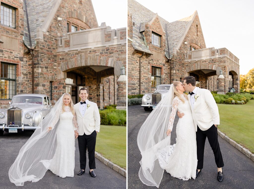 bride and groom portraits, bride and groom portraits in front of theWinged Foot Clubhouse, Winged Foot Golf Club Wedding, New York golf cub wedding 