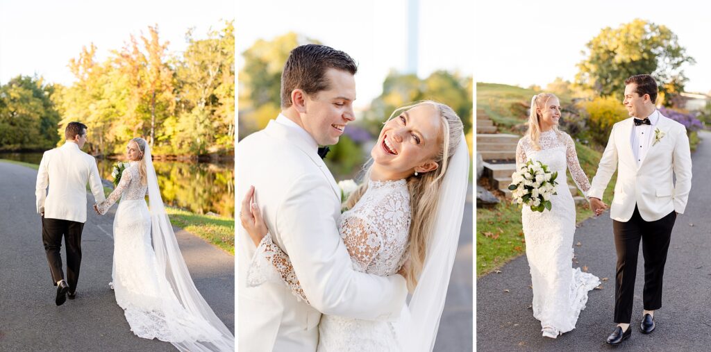 bride and groom portraits, bride and groom walking and holding hands, Winged Foot Golf Club Wedding, New York golf cub wedding 