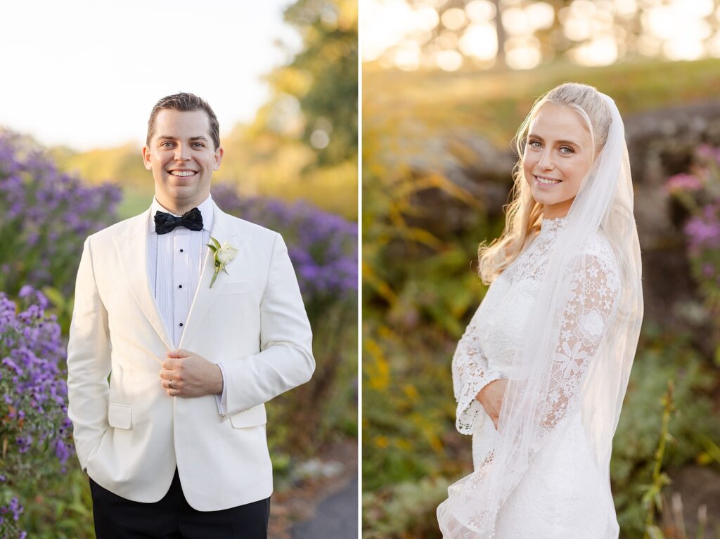 bride and groom portraits outside Winged Foot Golf Club, 