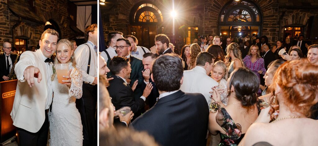 guests and bride and groom dancing at wedding reception outdoors in New York, Winged Foot Golf Club Wedding