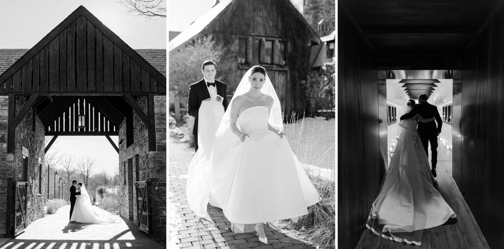 Bride and groom portraits in Winter at Blue Hill at Stone Barn, snowy Blue Hill at Stone Barn wedding