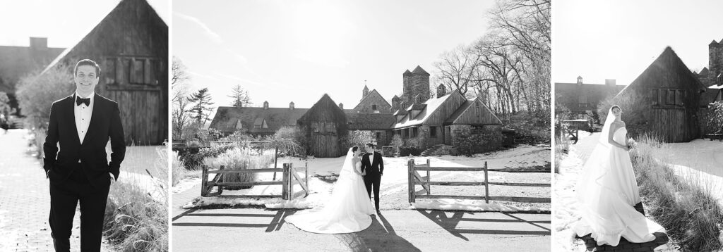 bride and groom portraits at Blue Hill at Stone Barn for winter wedding