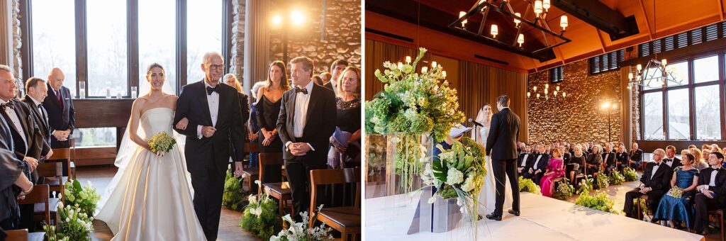 bride walked down the aisle by father, bride and groom standing in front of guest during wedding ceremony at Upper Hayloft at Blue Hill at Stone Barn