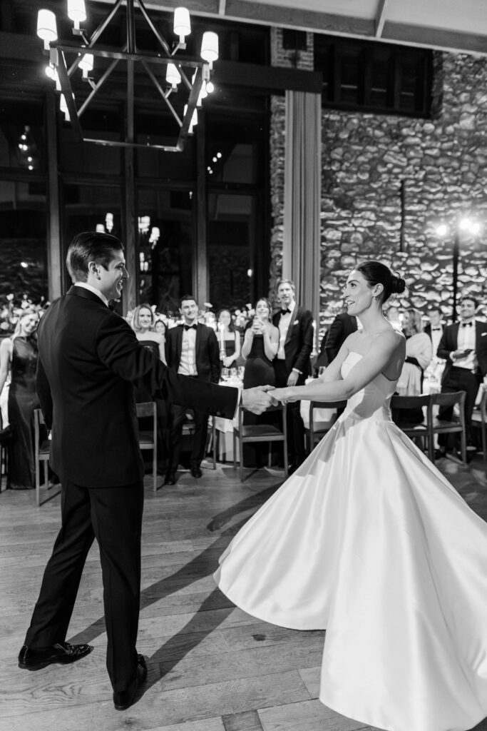 bride and groom first dance in Upper Hayloft at Blue Hill at Stone Barn