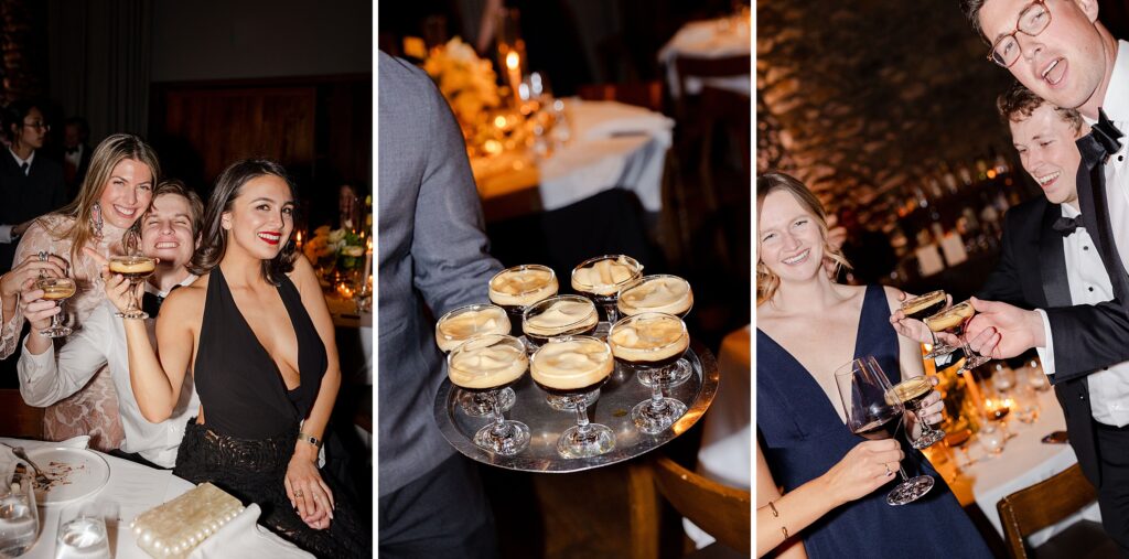 expresso martinis passed to guests during reception, guest clinking expresso martini glasses
