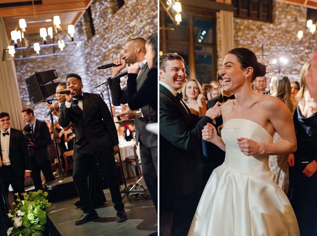 live band singing and bride dancing on the dance floor during wedding reception