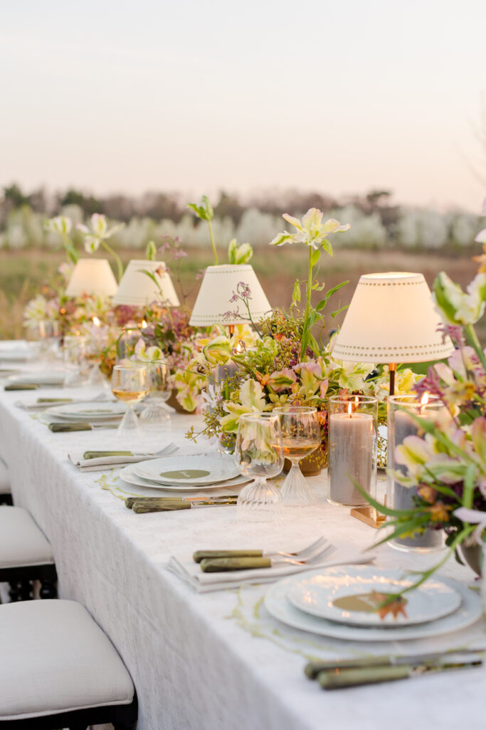 tablescape in for outdoor reception at Wildflower Farms Auberge Resort Collection