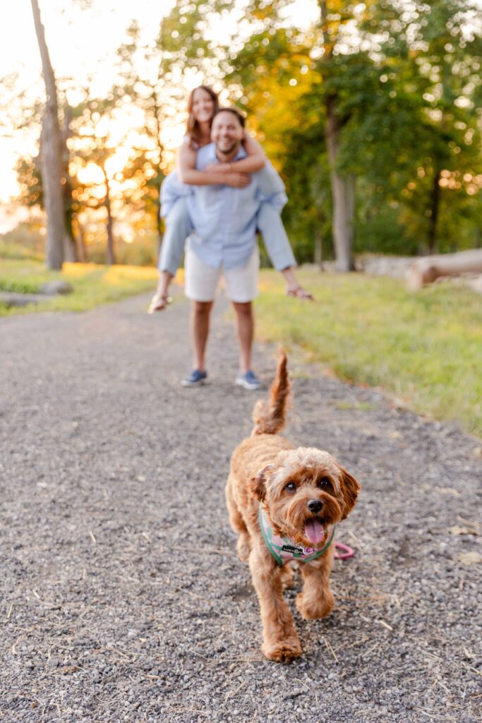woman riding on her fiance's back while their dog is running ahead